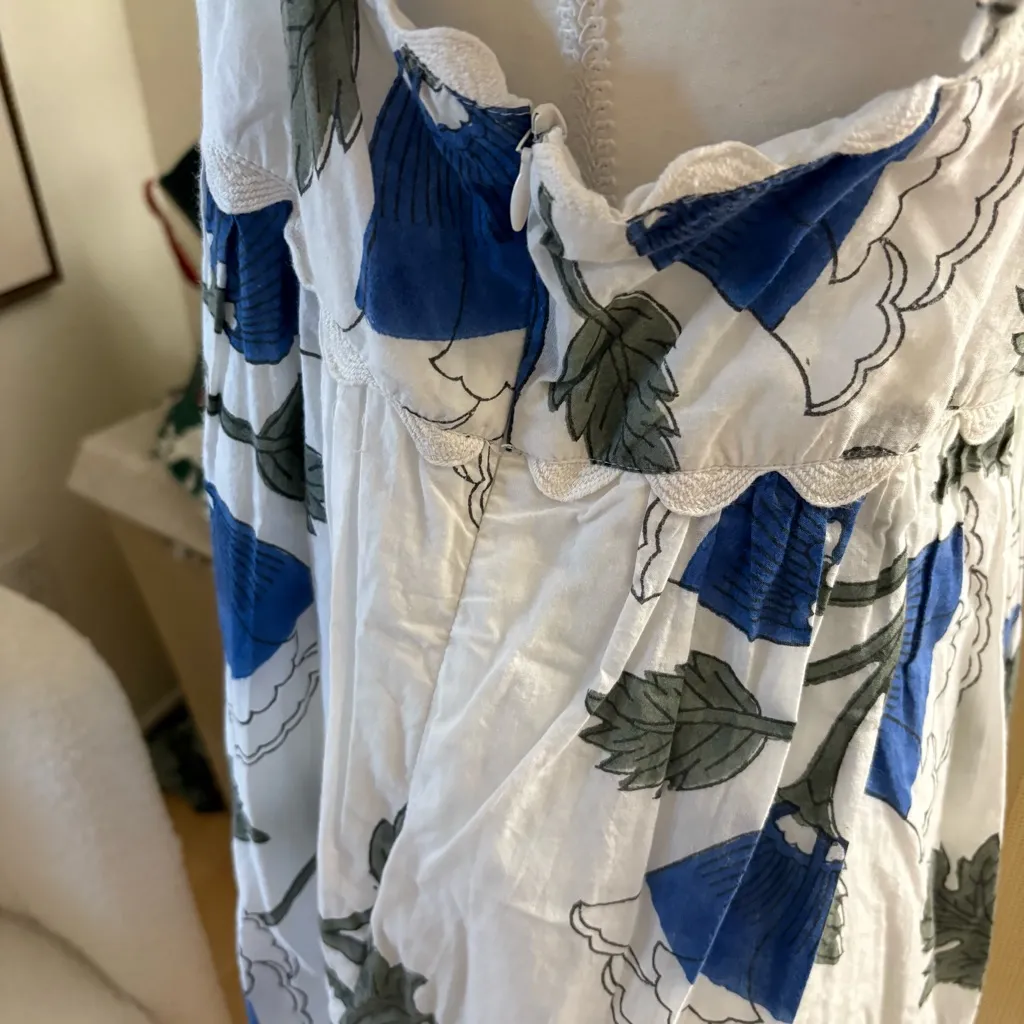 JULIET DUNN White Klein‎ Blue Baby Doll Dress with Bellflower Block Print Size L Size L - Image 6