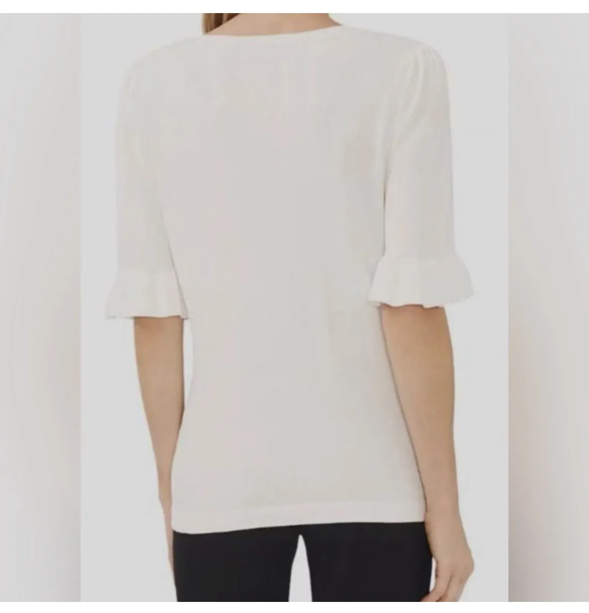 Embellished Crystal Bow Ruffle Puff Sleeve Sweater Knit Top White Black M - Image 3