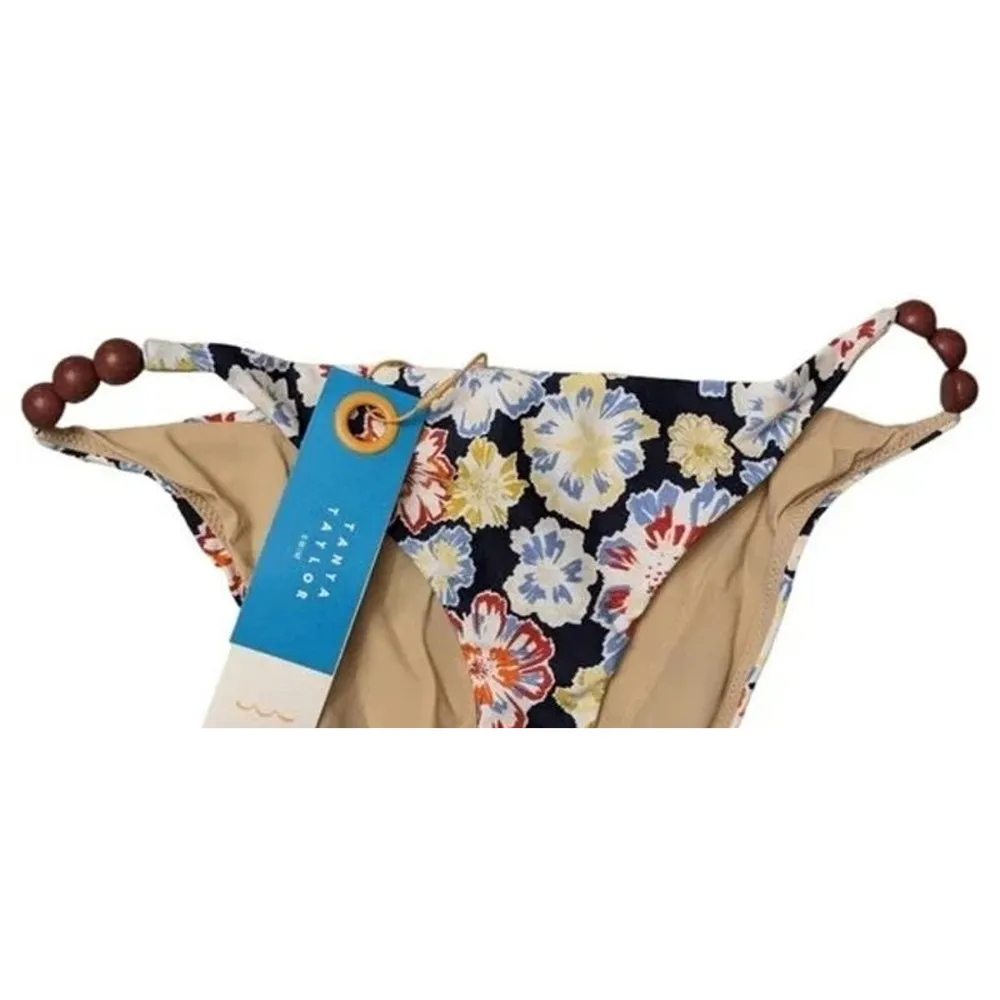 NWT Tanya Taylor Tia Floral Bikini Bottom Dahlia Beaded Hips Swim L Navy Blue - Image 2