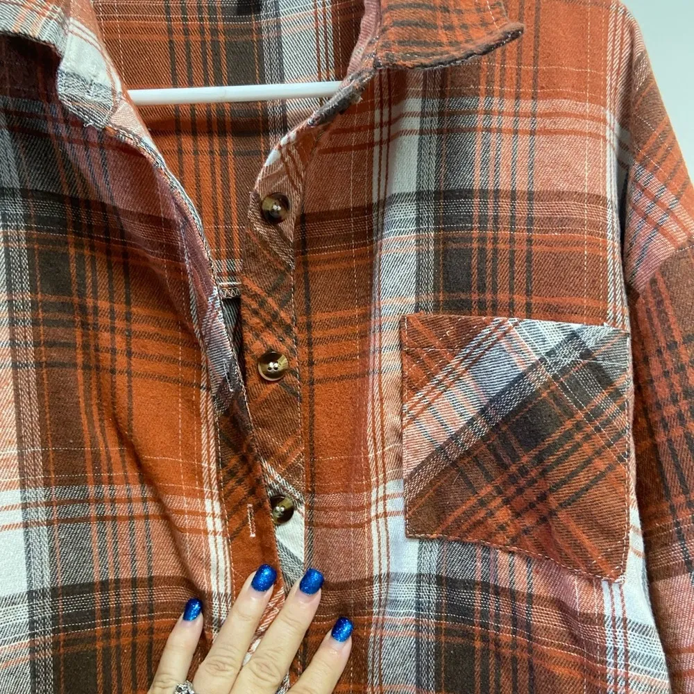 Orange and Brown Plaid Flannel Shirt XXL W Journey Graphic on back - Image 7