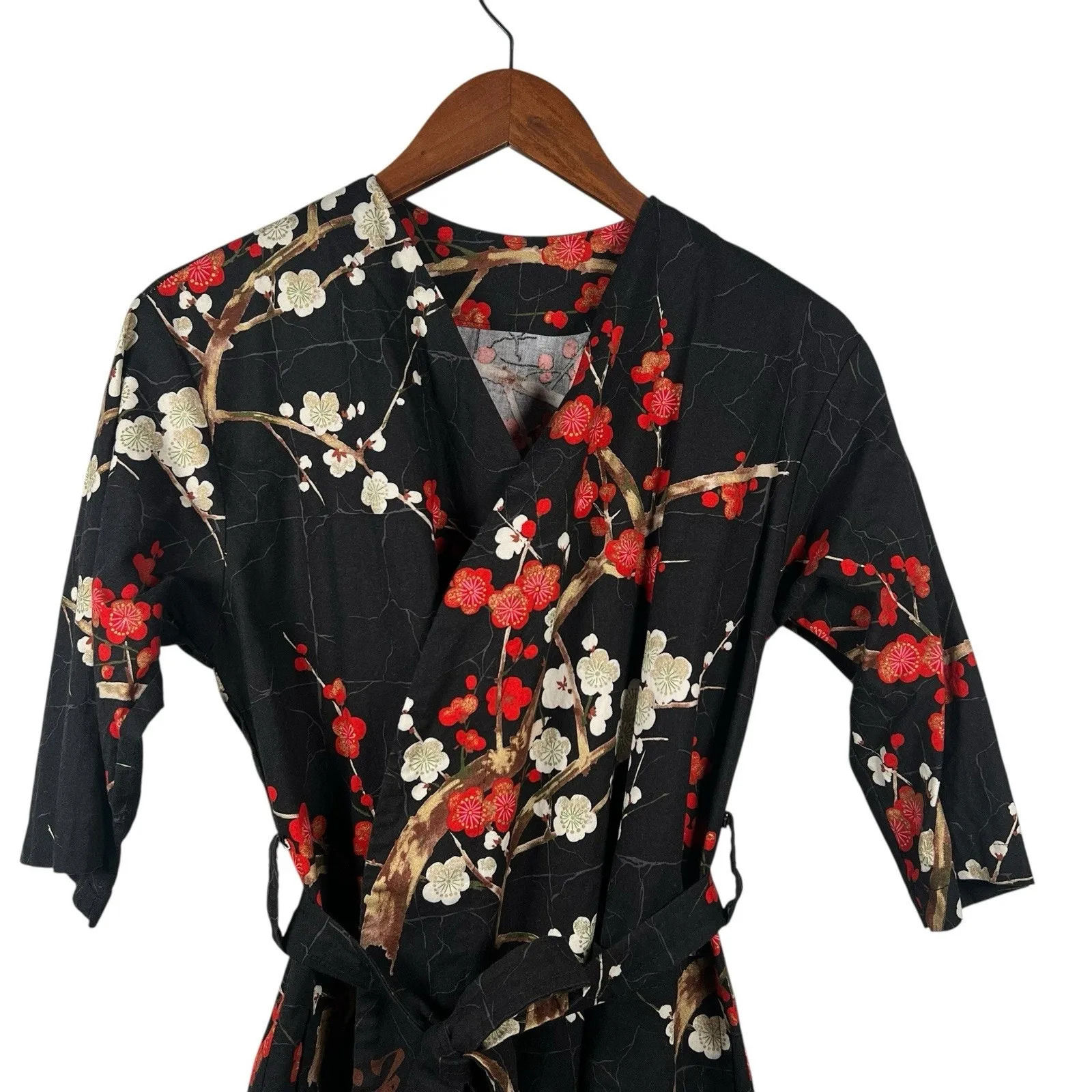 Black Japanese Cherry Blossom Print Short Robe With Belt Size Small/Medium - Image 3