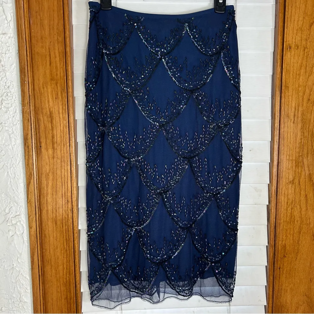 French Connection|Navy Blue Embellished Beaded Lace Midi Skirt Size 4 - Image 6
