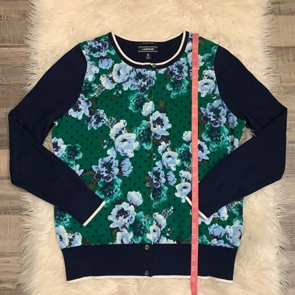 Lands’ End supima cotton cardigan sweater floral polka dot M - Image 7