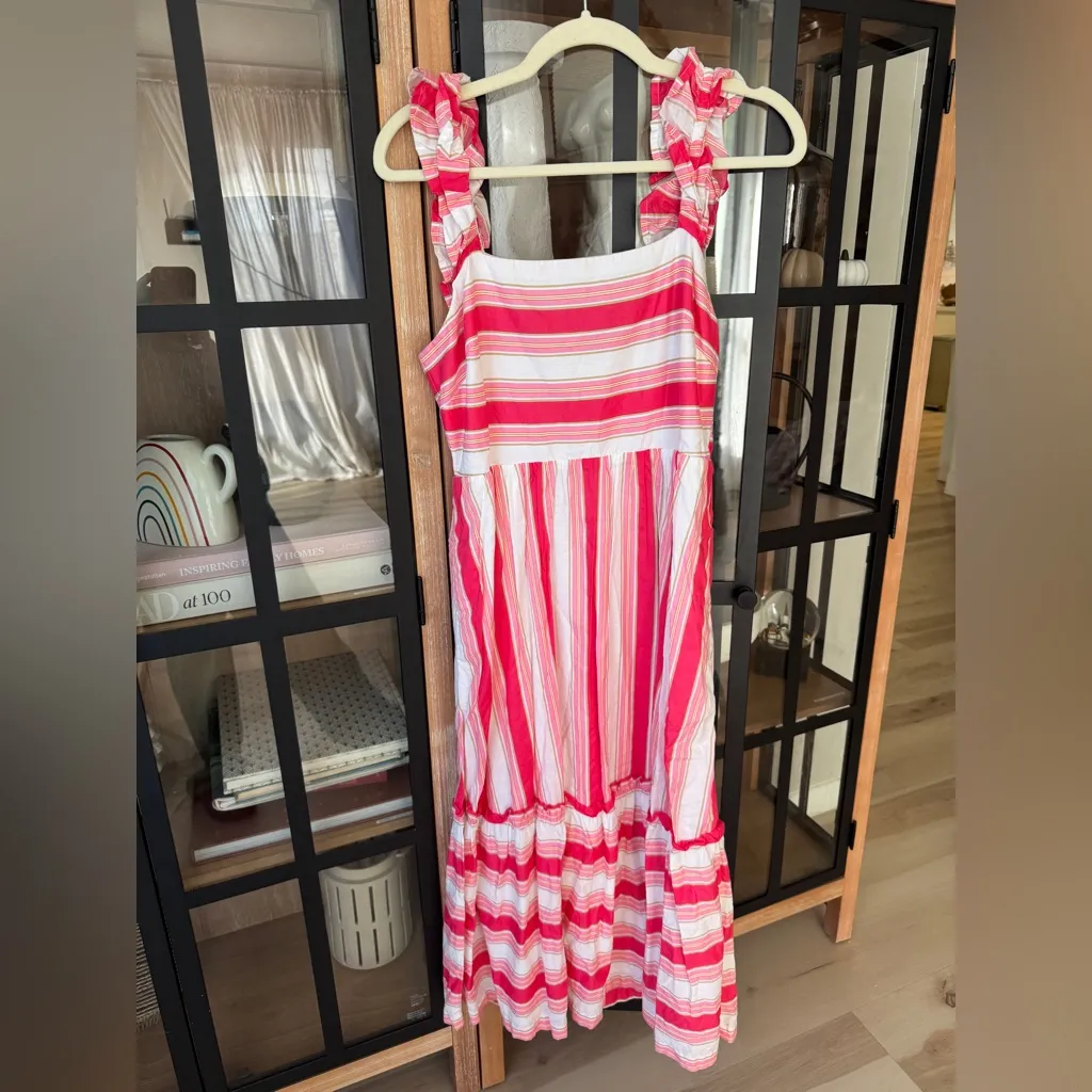 J. Crew maxi dress stripes pockets ruffles tiered flowy summer midi red jcrew - Image 2