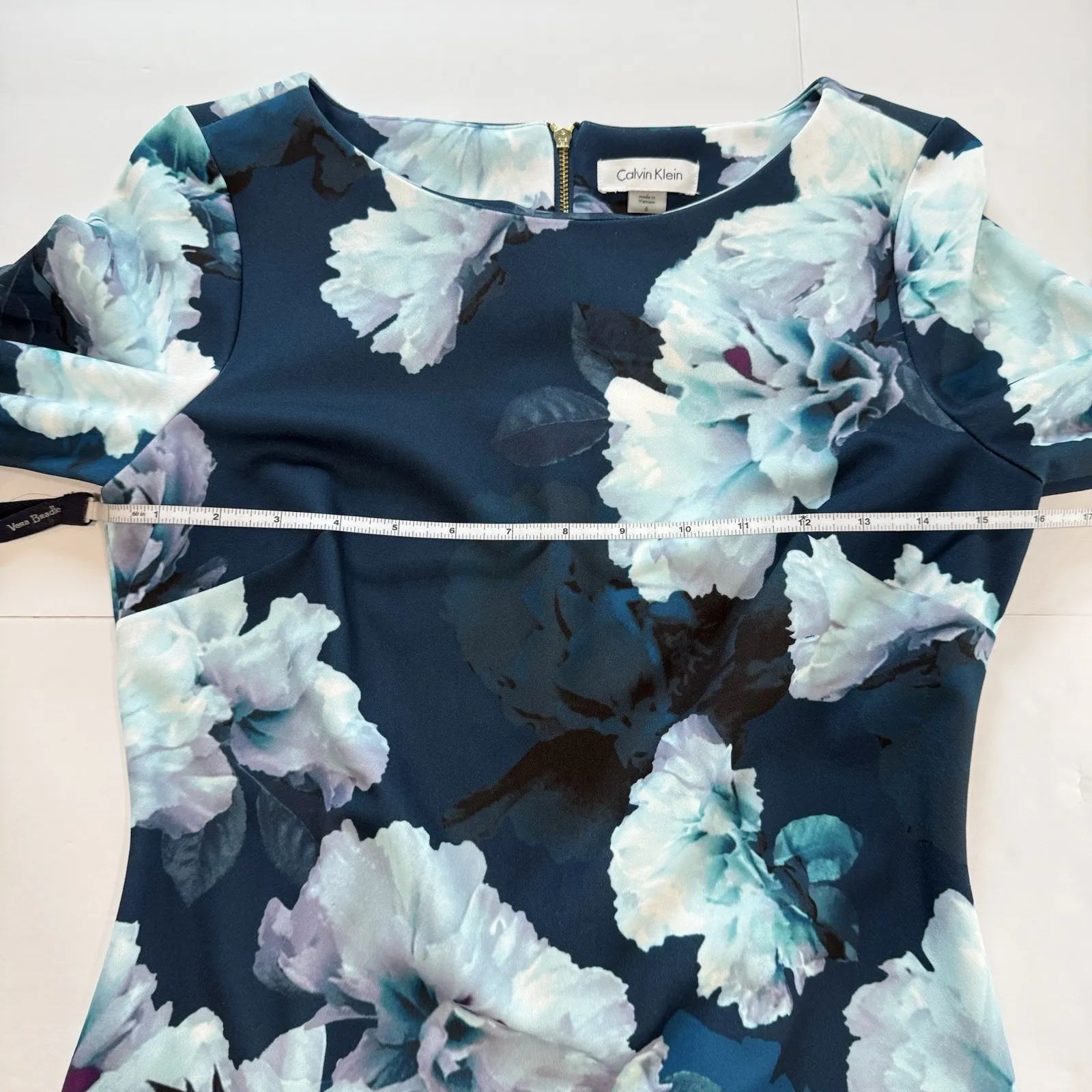 Calvin Klein Blue Floral Bell Sleeve Stretch Crepe Sheath Dress‎ Size 6 - Image 8