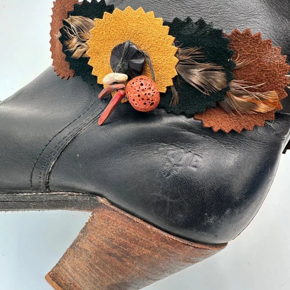 Frye Black Tall Leather Western Boots with Feather Detail Size 6 B - Image 7