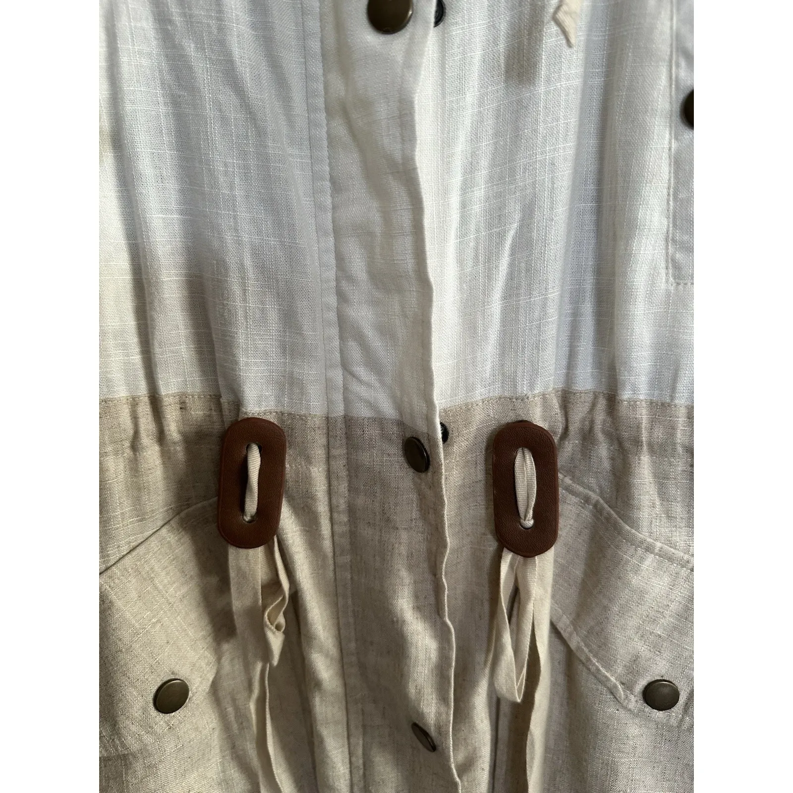 Blu Pepper Women's‎ Medium Jacket Color Block Cotton Linen Tan Cream Drawstring - Image 3