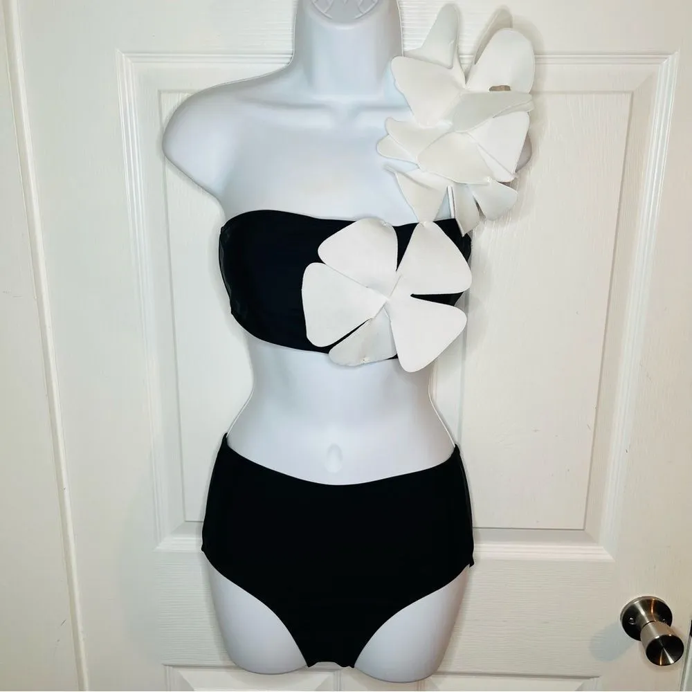Davi & Dani One Shoulder Flower Two Piece Swim Set Black & White Bikini S NWT - Image 4