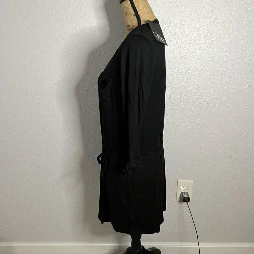 NWT Chaser Black Sz M Jersey Rolled Cuff Shirttail Henley Dress Tie Waist Casual - Image 10