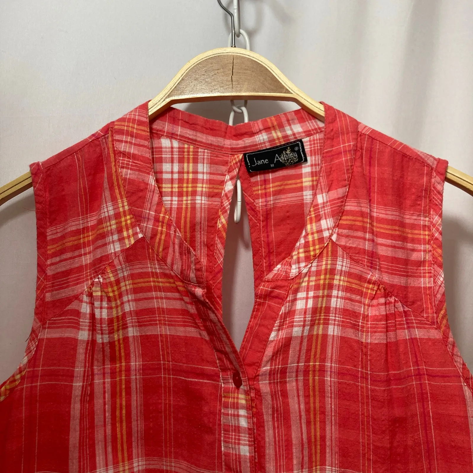 Jane Ashley Western Coral Red White Plaid Sleeveless Button Down Tank Top - Image 3