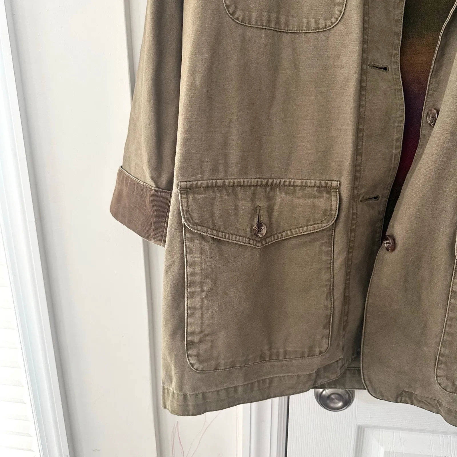 Eddie Bauer Khaki Vintage 80s Chore Jacket Tan Corduroy Collar Cuffs MP Lined - Image 4