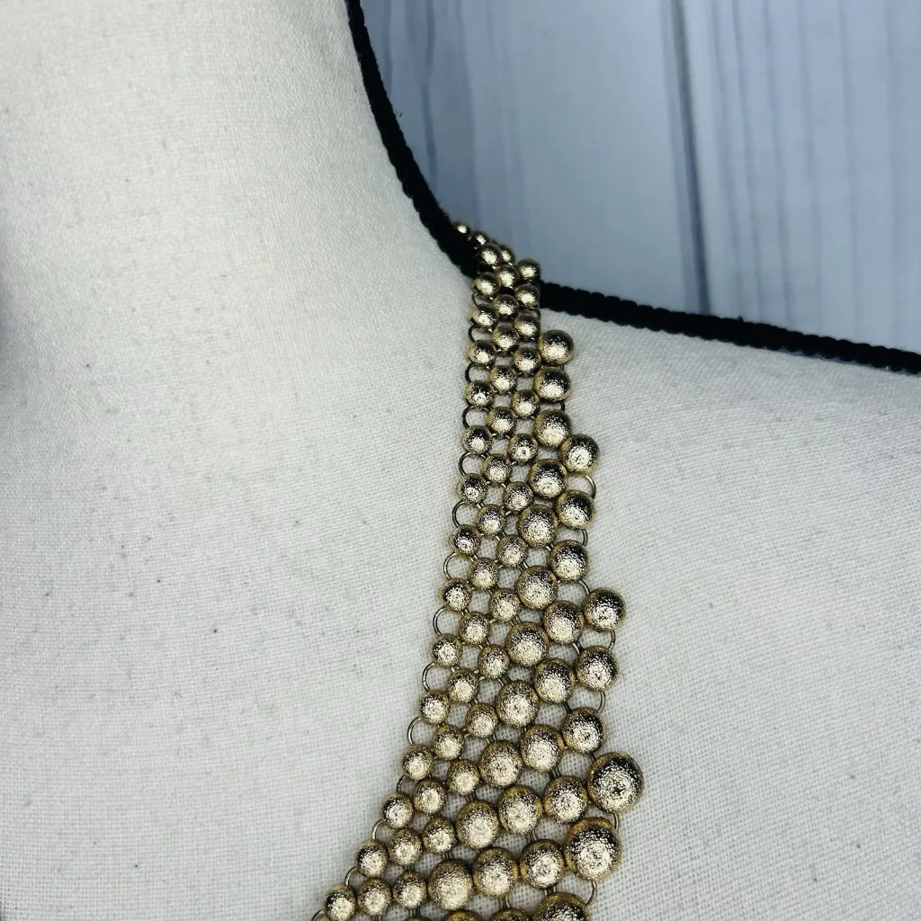 Natasha Signed 21" Bib Necklace Brushed Gold Tone Ball Link Mesh Vintage - Image 4