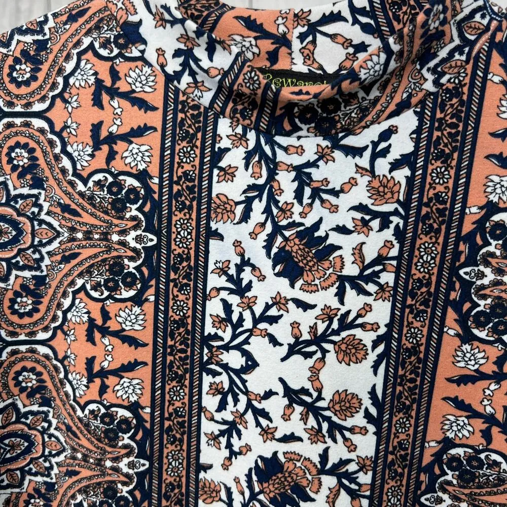 Y2K VINTAGE Beware LARGE White Orange Floral Microfiber Crop Mock Neck Top Shirt - Image 3