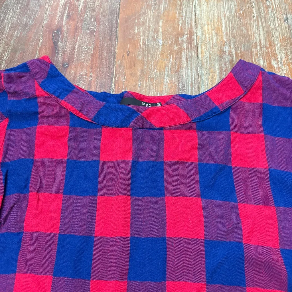 MAX JEANS Red Blue Buffalo Plaid Blouse Bell Sleeve 3X Plus Women - Image 5