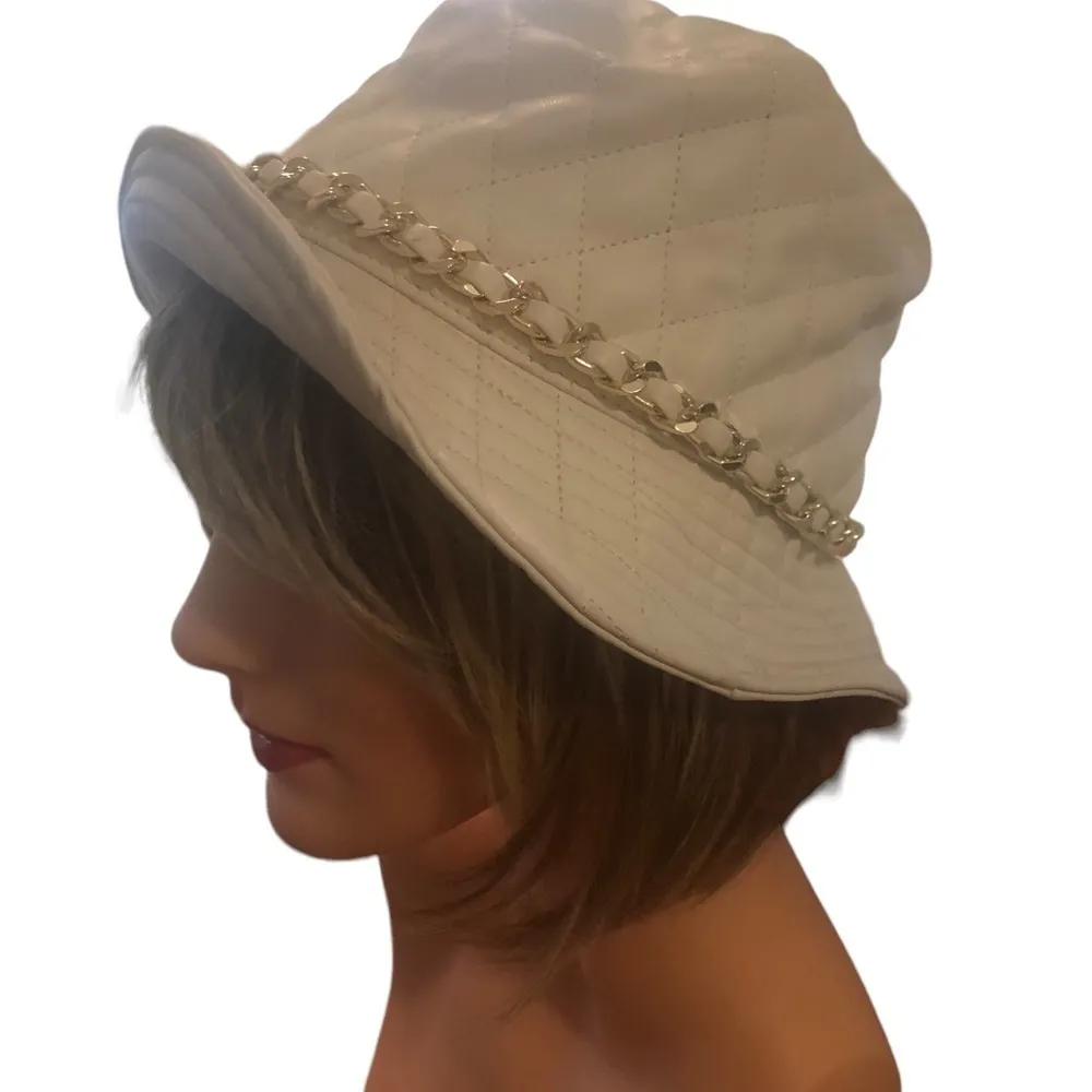 Madden NYC Faux Leather Bucket Hat Toasted Almond One Size Gold Chain Detail - Image 4