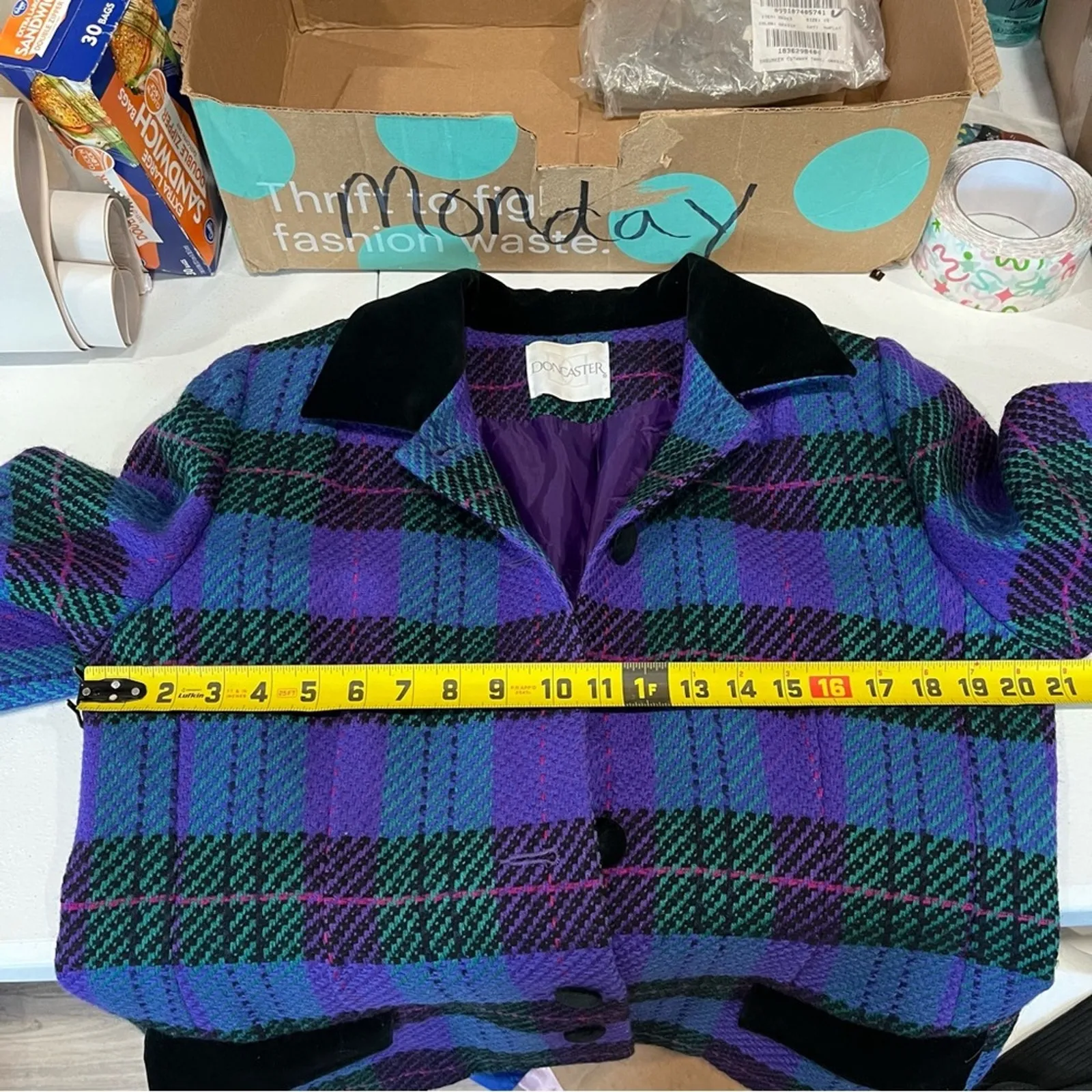 Vintage Don Caster 100% Wool Purple Plaid Lined Blazer Velvet Size 14 Petite - Image 8