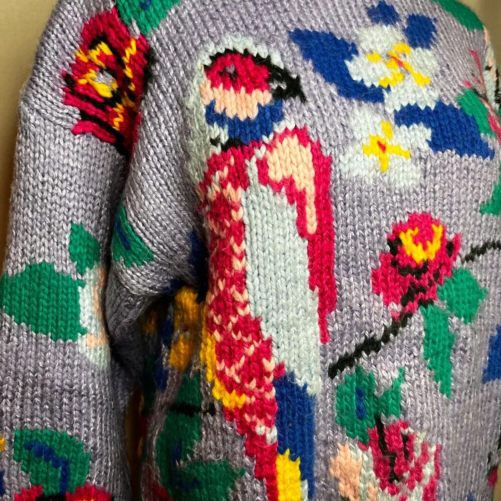 VTG Purple Parrot Floral Chunky All Over Pattern Graphic Sweater Granny 80's Size M - Image 3