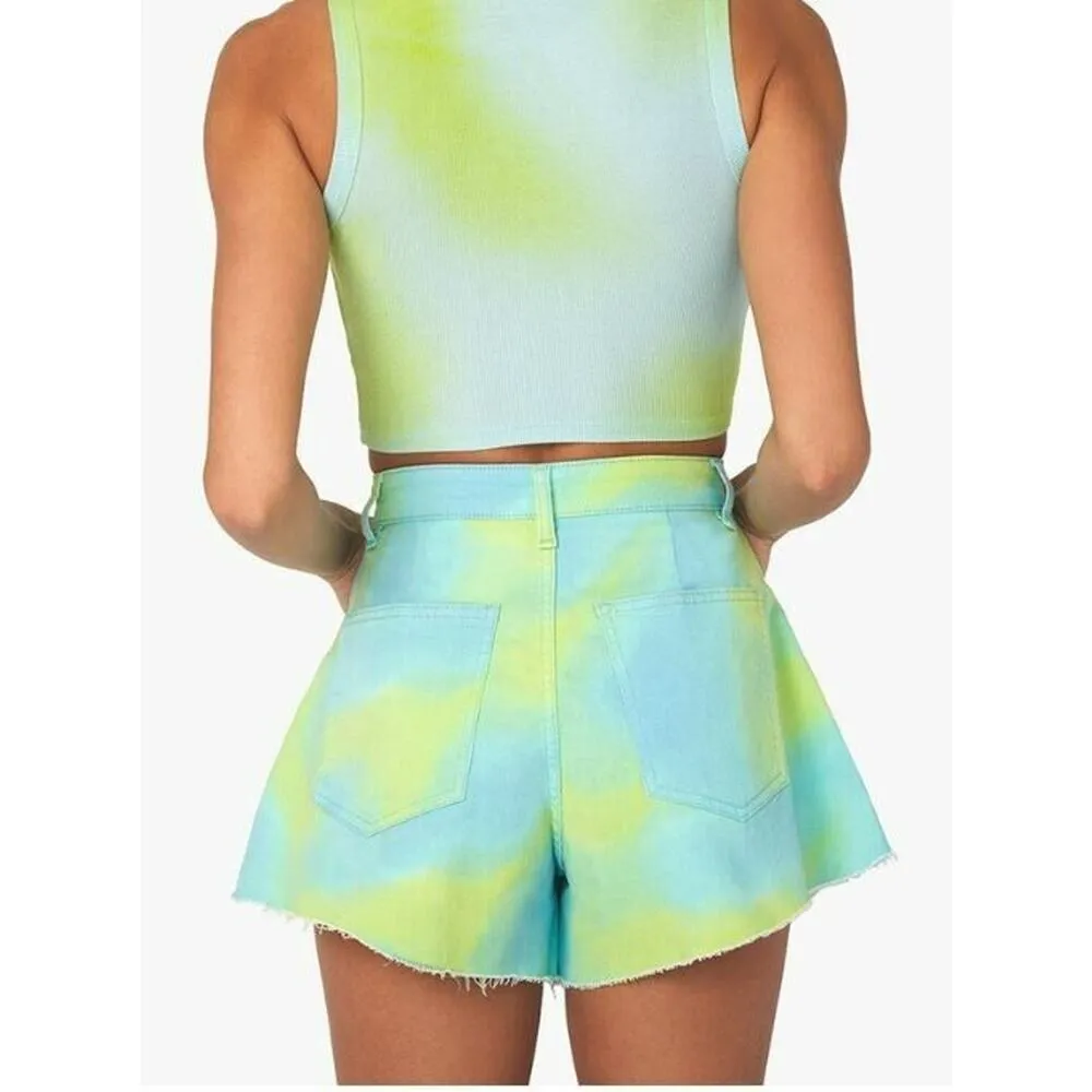 New WeWoreWhat Flare Bell Short Stretch Twill Denim Tie Dye Green Blue Size 26 - Image 2