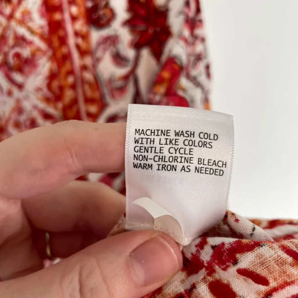 NICOLE MILLER White Red Orange Floral Border Print Button Back Linen Tank Blouse - Image 11