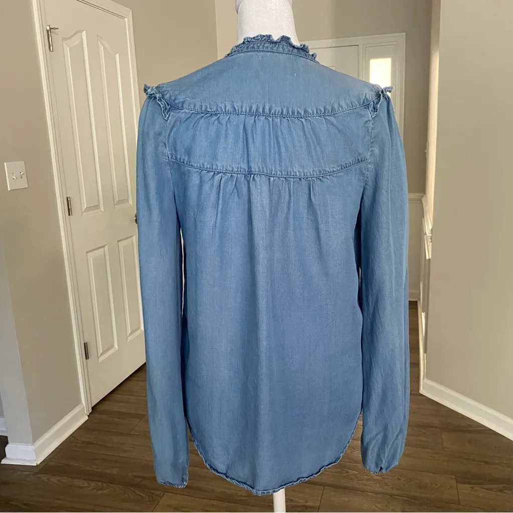 Maeve by Anthropologie Denim Blue Ruffled Long Sleeve Blouse Size Small - Image 8