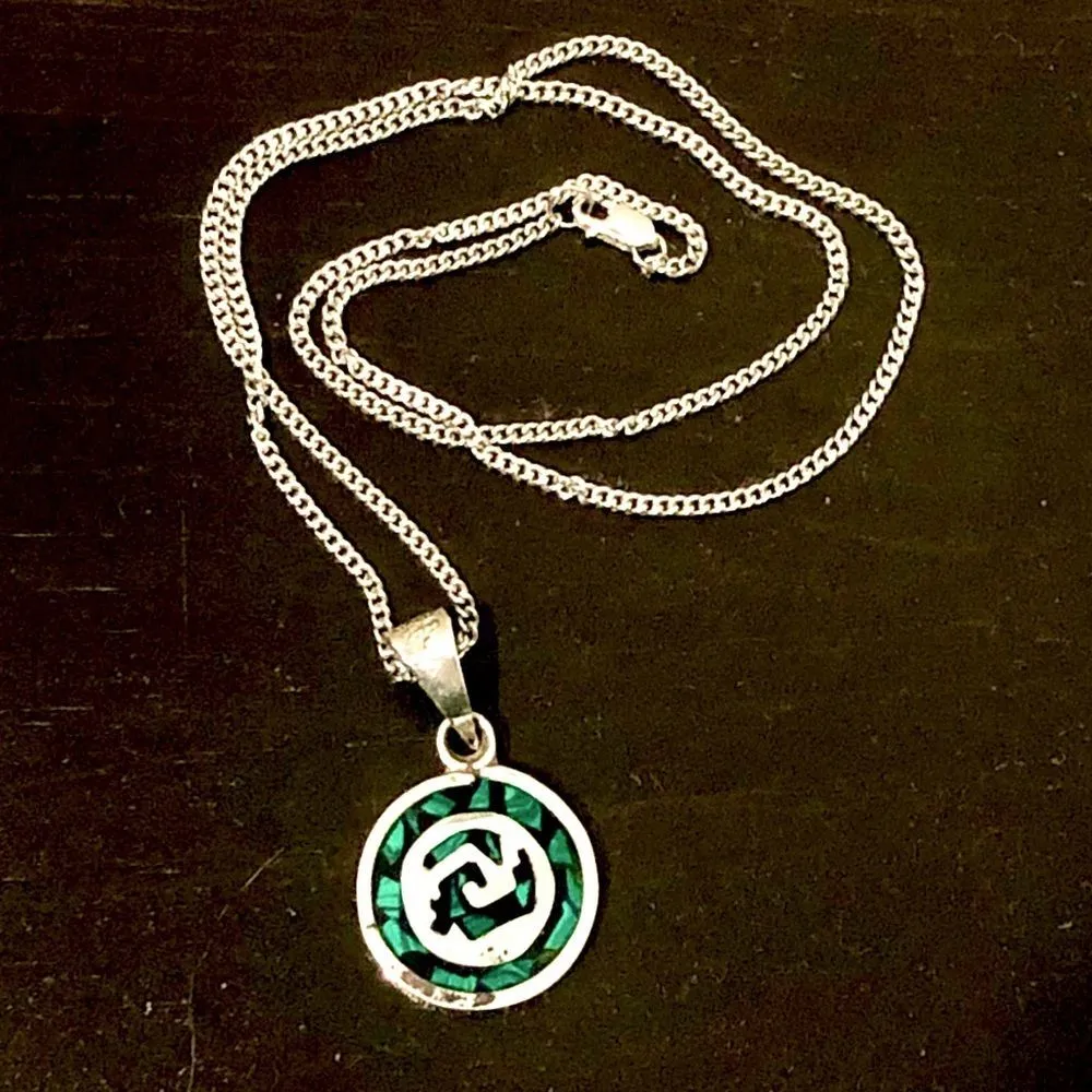 TAXCO Green Malachite Sterling Silver Necklace With Engraved Pendant - Image 2