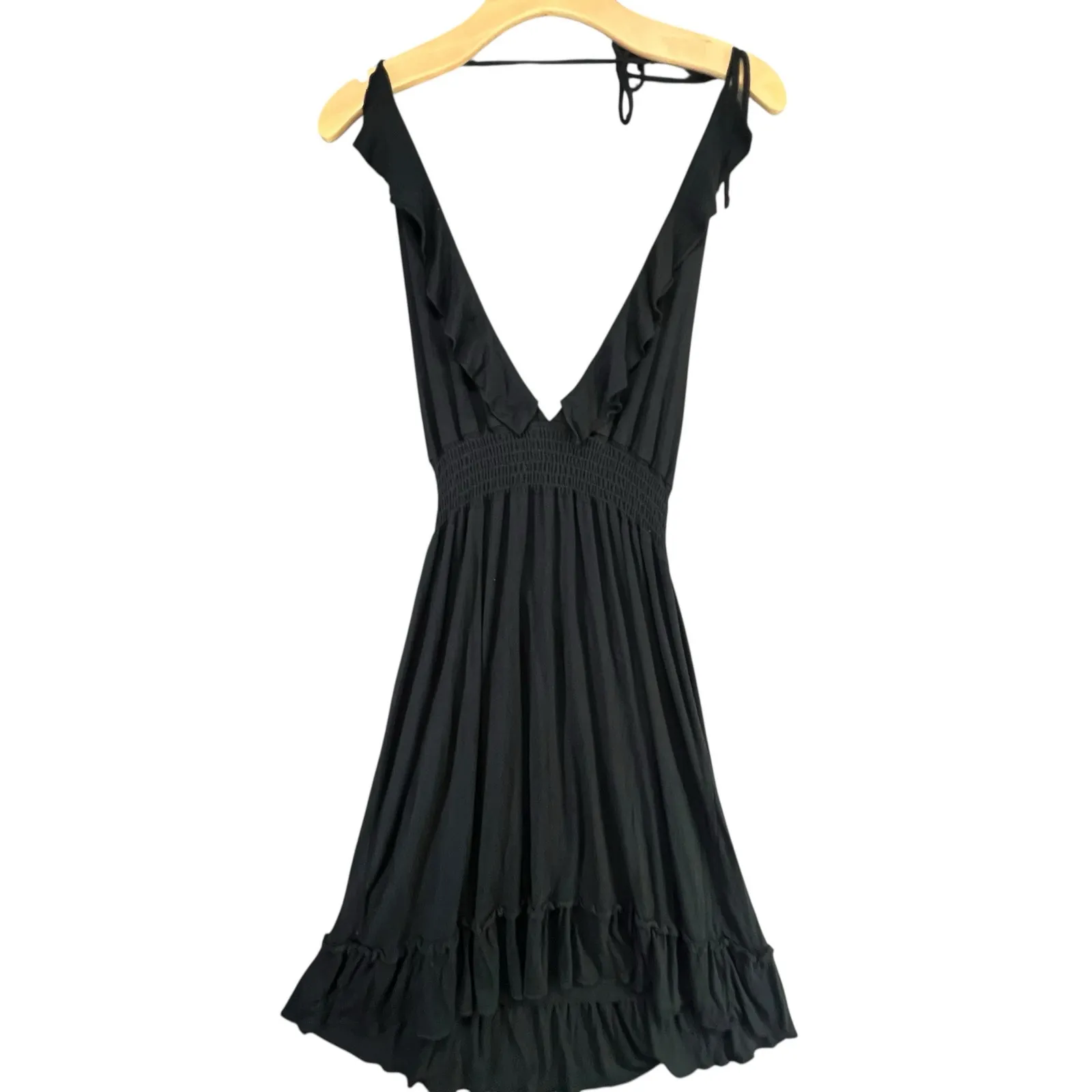 Velvet Torch Y2K Plunge Halter Dress Womens L Black Ruffle Smocked Summer Flirty - Image 5
