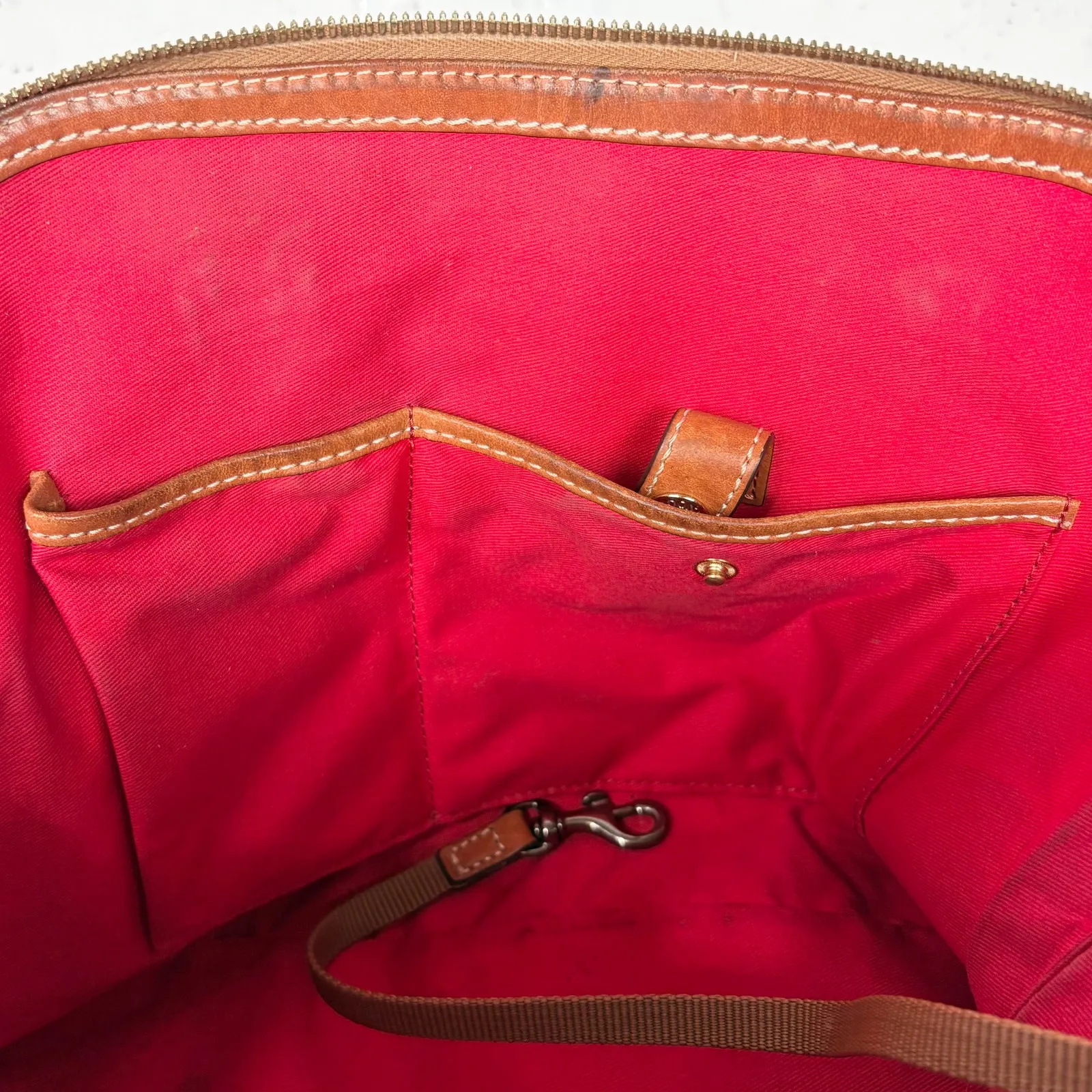 Dooney & Bourke Zip Zip Pebble Grain Domed Satchel Blue Brown with Red Interior - Image 8