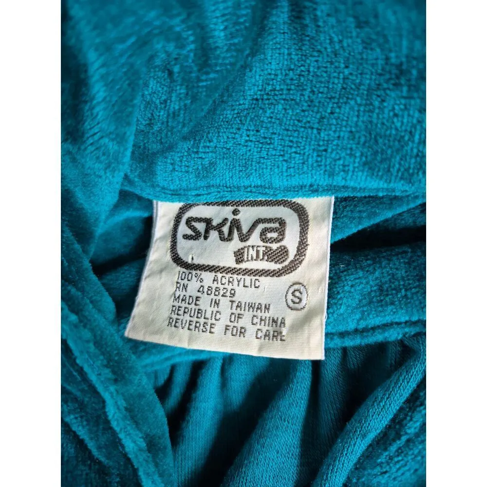 Vtg 80s Skiva Int. 100% Acrylic Velour Blazer Teal Green Pockets Button Up S - Image 4