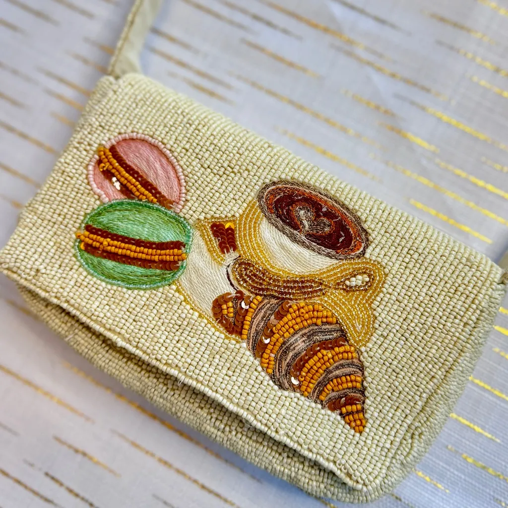 Macaroon, Coffee & Croissant Beaded Shoulder Bag | Handmade Purse | NWT Pink - Image 1