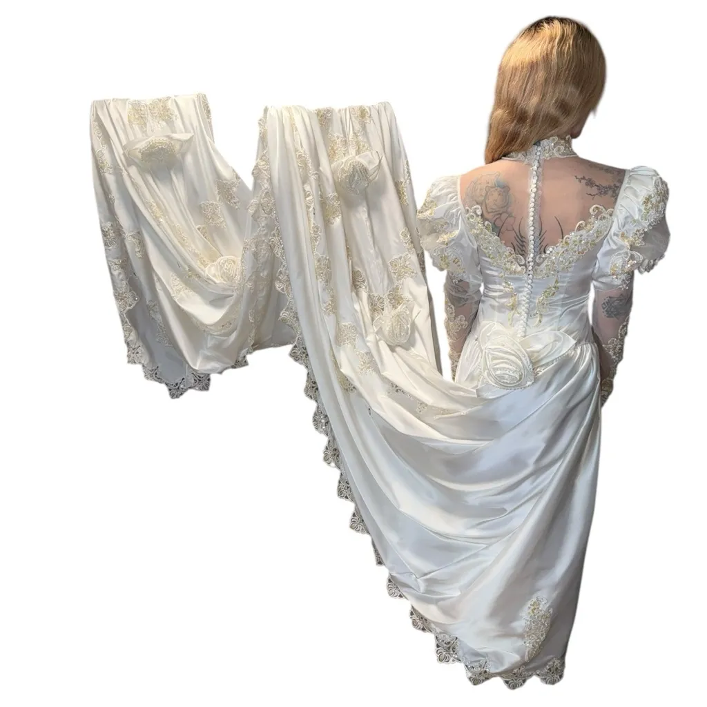 Vtg 80s Beaded Alfred Angelo Satin Lace White Long Slv Wedding Dress 12ft Train - Image 10