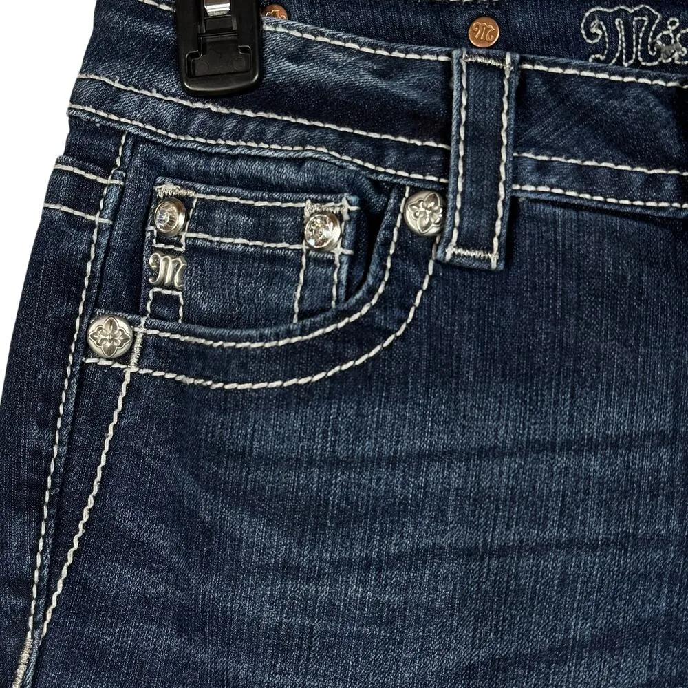 Miss Me SZ 27 Signature Boot Jeans Fleur de lis Rhinestones Sequins Whiskered - Image 3