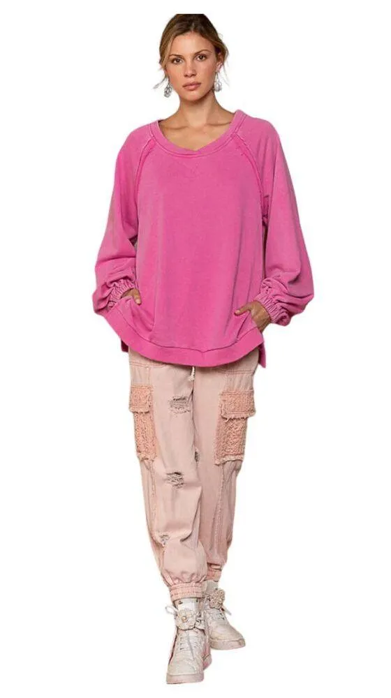 POL Annely Pullover Cut Out Sweatshirt Puff Sleeve Oversized Pink Small NEW - Image 2