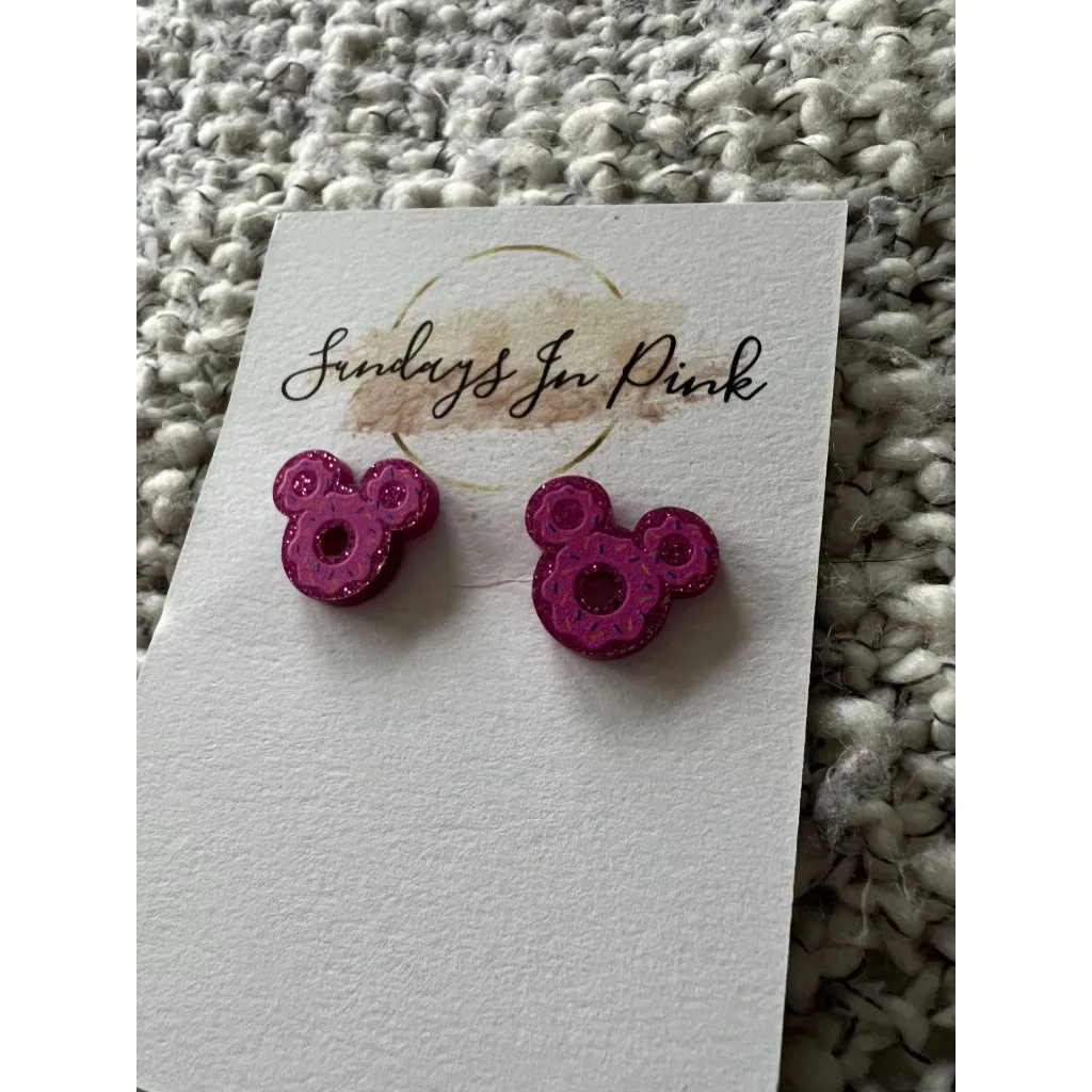 MICKEY Ear Pink Donut Stud Park Earrings NEW - Image 2
