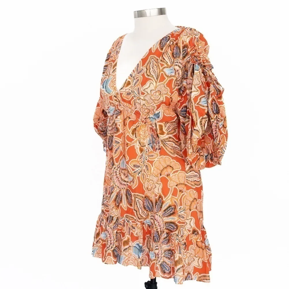 MISA Los Angeles “Sari” Balloon-Sleeve Floral Cotton Mini Dress | L | NWT - Image 6