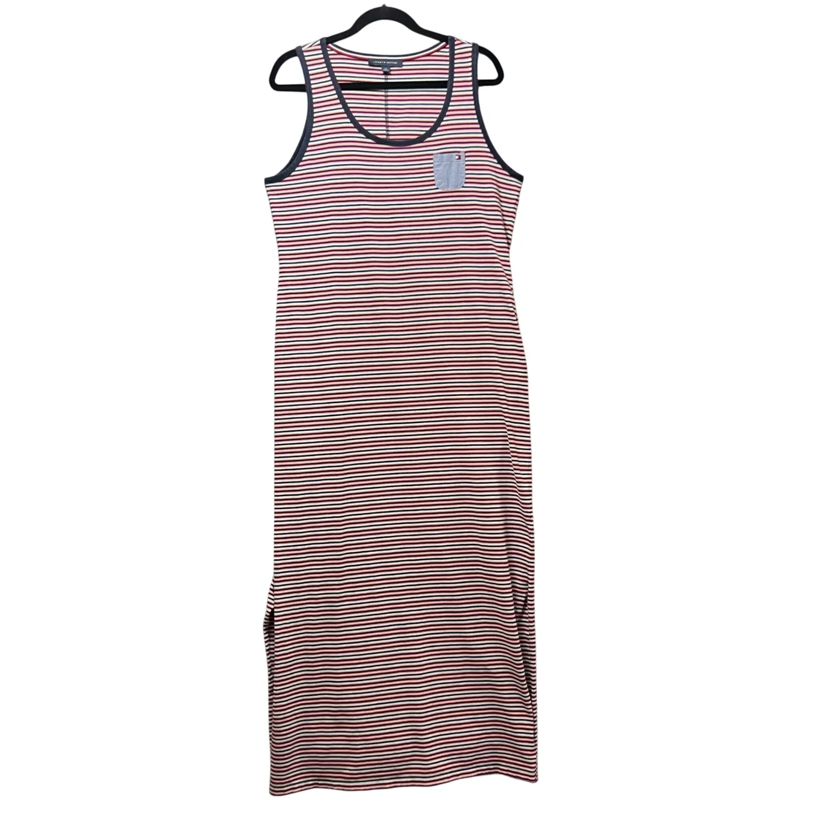 Tommy Hilfiger Tank Maxi Dress Striped Sleeveless Casual Pocket Large Red White‎ - Image 4