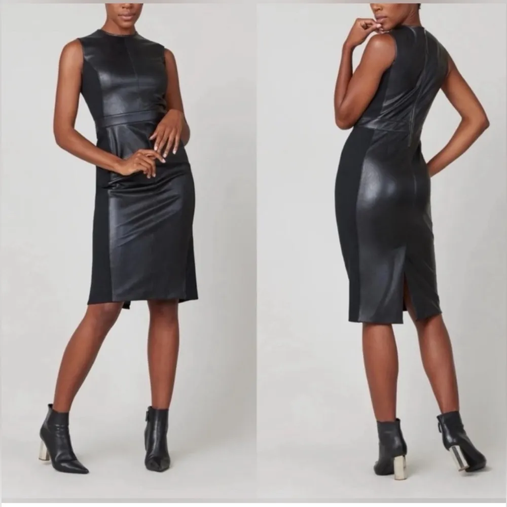 Spanx II Combo Dress Leather-Like Fitted Sheath M Black Zip Stretch Nice  NWT - Image 4