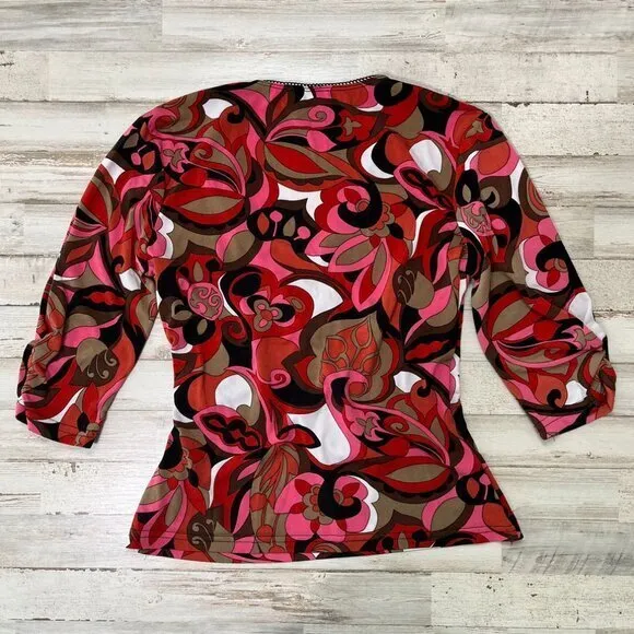 2000s Y2k Groovy Floral 3/4 Sleeve‎ Babydoll Top Womens Size Small/Medium Red - Image 4