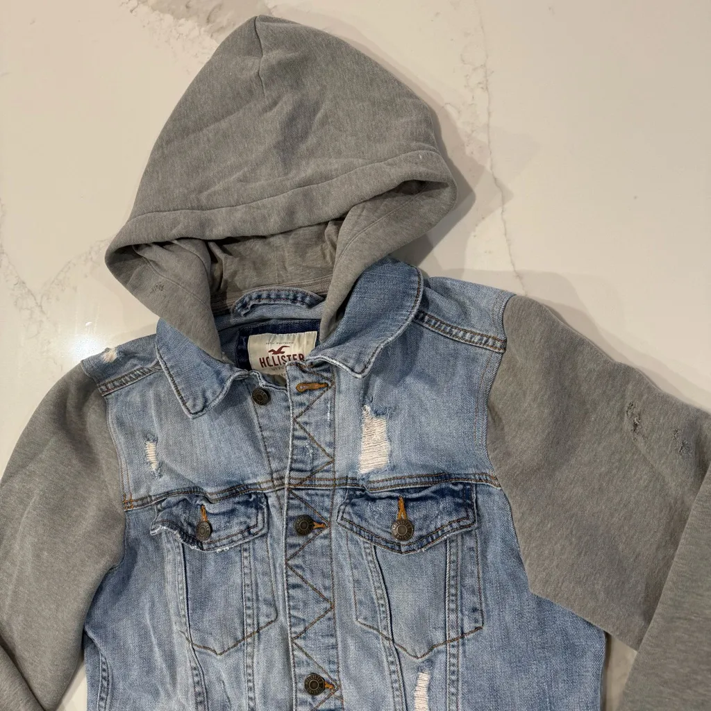 Hollister Distressed Denim Jersey Hooded Button Jacket Womens Small Blue/Gray - Image 3