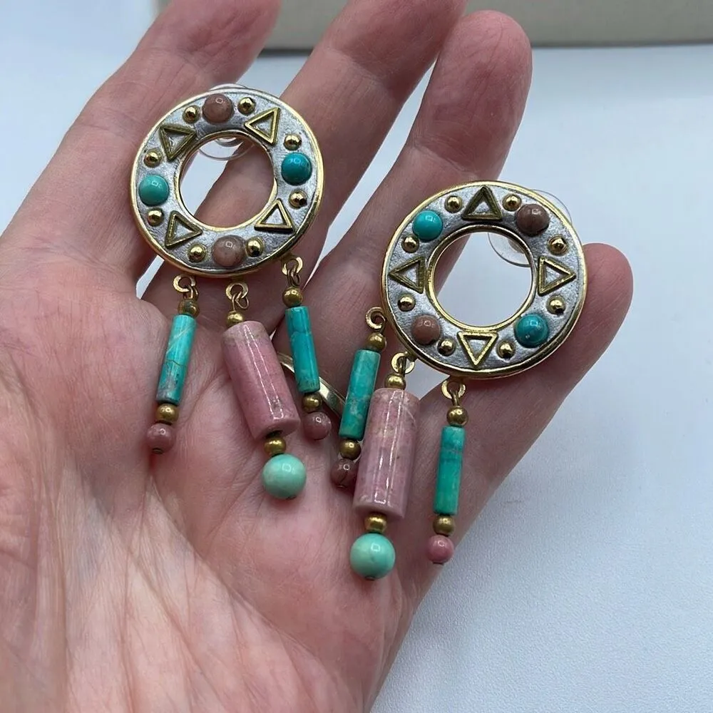 Vintage boho Aztec ethnic dangle beaded fringe earrings Pink - Image 4