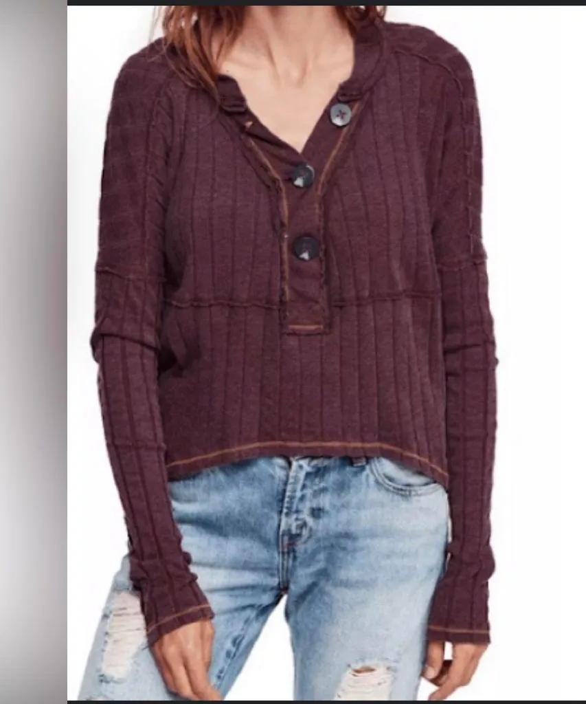 Free people We the free Henley ribbed long sleeve shirt burgundy size M - Image 2