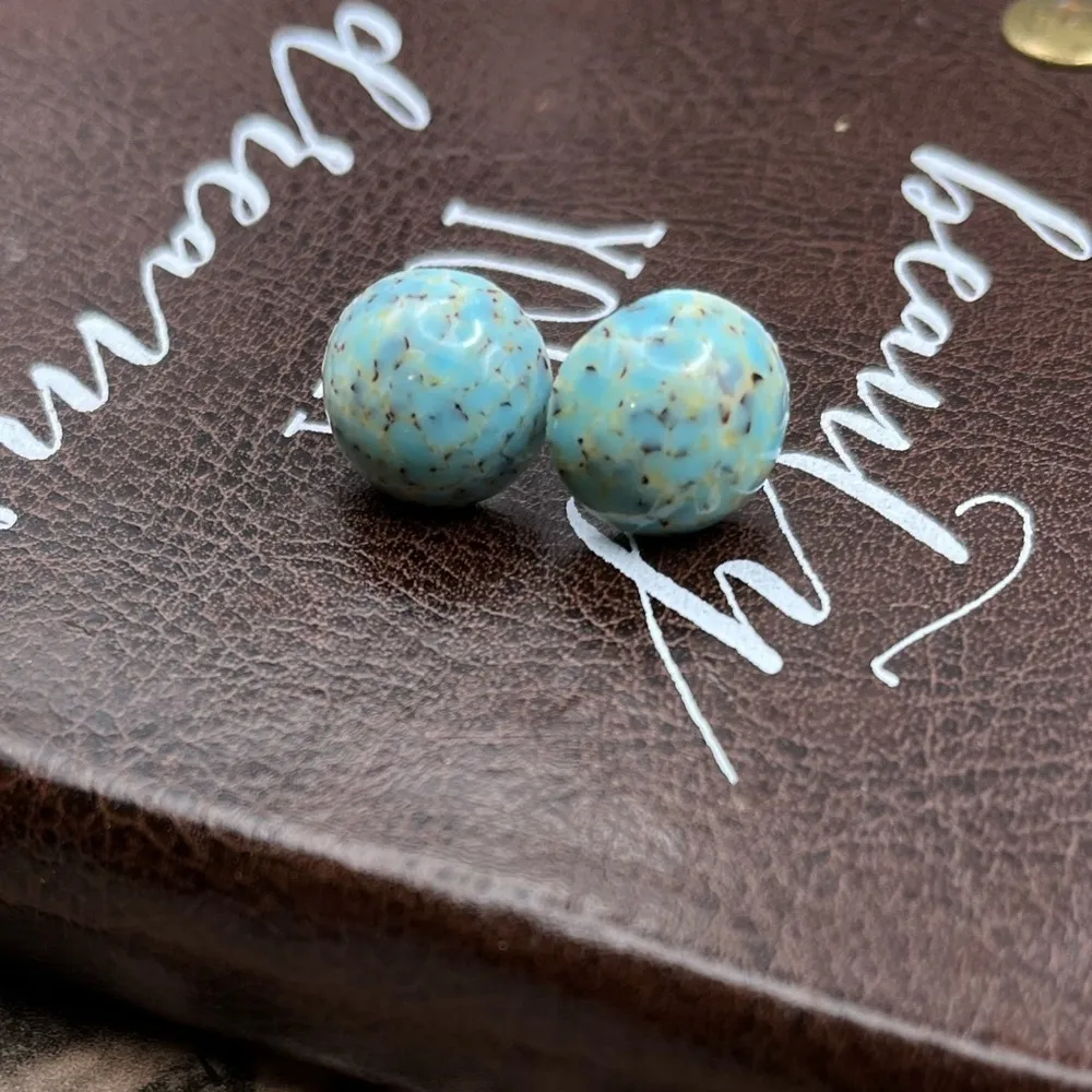 Vintage Cyan Sky Blue Speckled Round Resin Stainless Steel Cabochon Earrings - Image 6