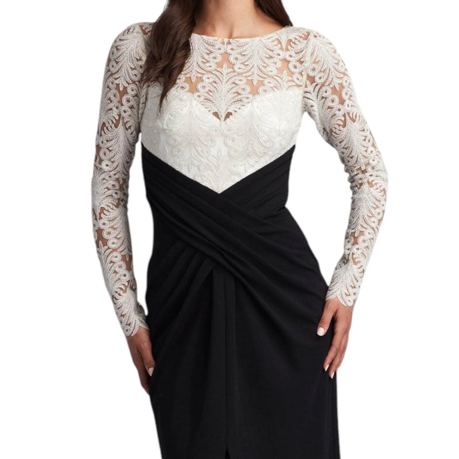 Tadashi Shoji Betton Contrast Illusion Evening Gown Ivory Black Size 6 - Image 4