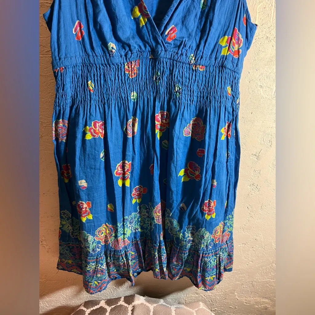 Blue Floral Sleeveless Dress M boho festival casual block print floral cotton - Image 5