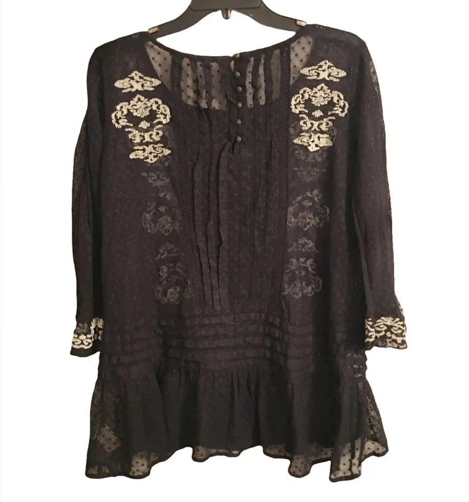 FREE PEOPLE Women's Black Jocelyn Pleated Dot Ruffle Lace Tunic Size Small - Image 3