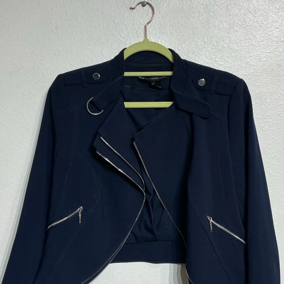 White House Black Market Navy Blue Cropped Moto Jacket Sz 10P - Image 3