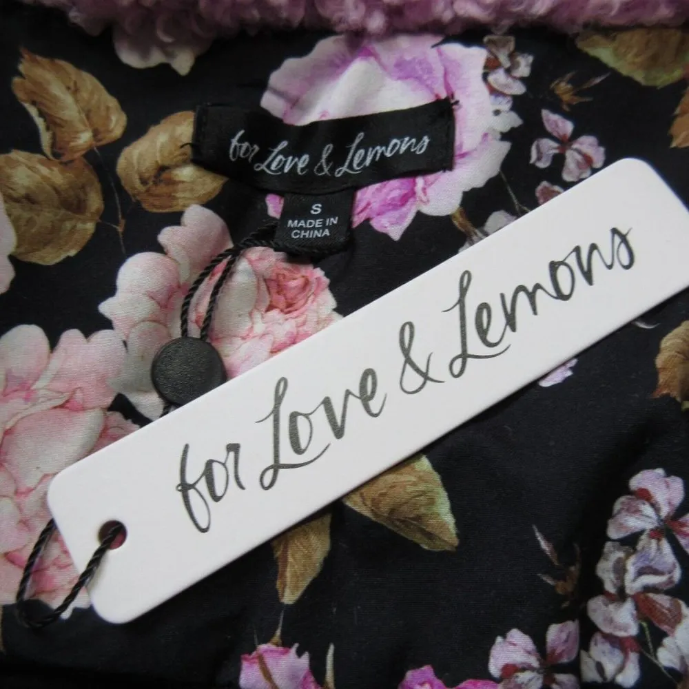 NWT For Love & Lemons Puffer Jacket in Black Pink Floral Ruffle Trim Sherpa S - Image 5