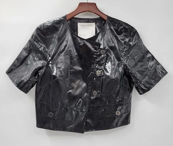 Walter Baker Shirt Womens 8 Black Faux Leather Buttons Asymmetrical Cropped - Image 1