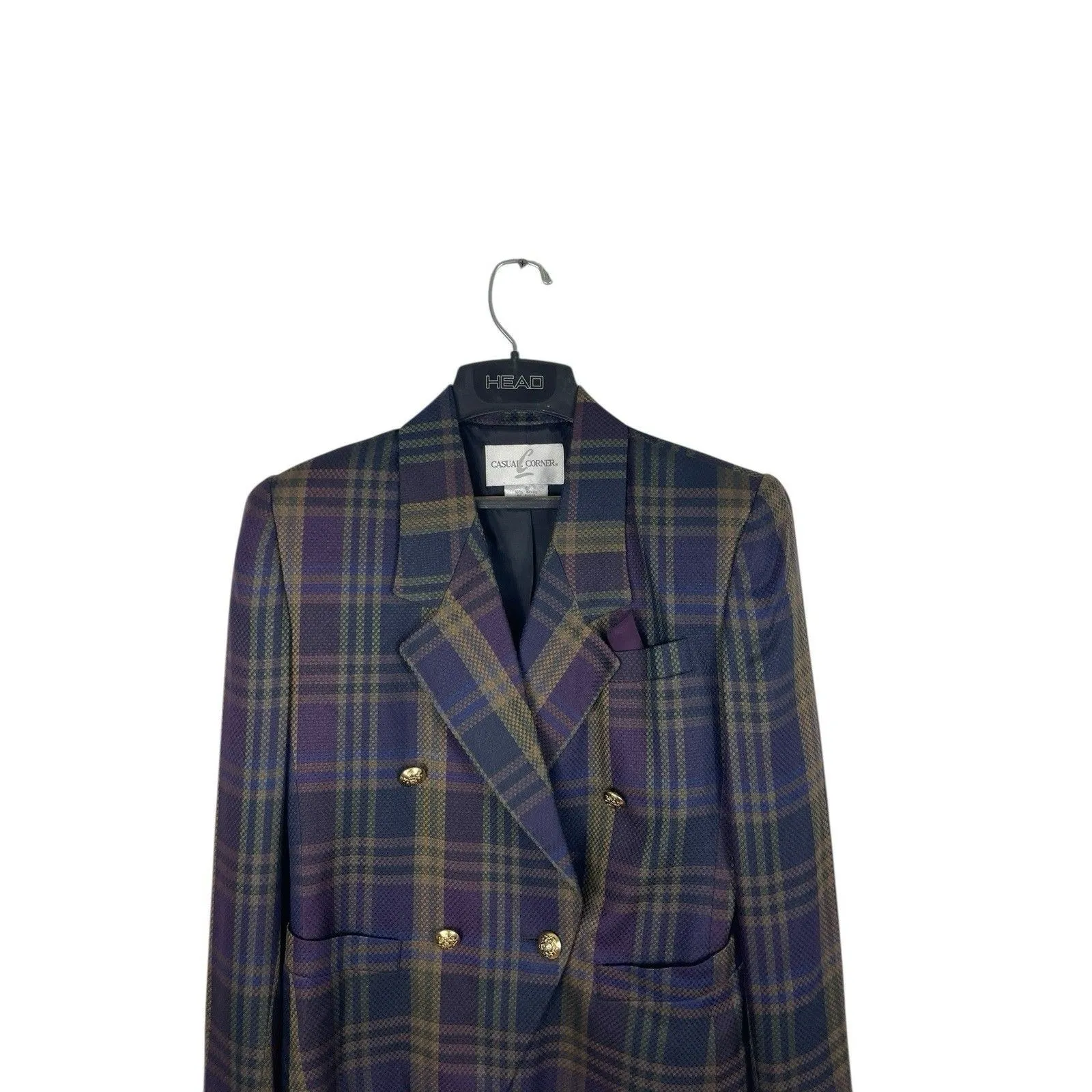 VTG 90s Plaid Blazer Women’s 6 Casual Corner Gold Button Double Breasted Preppy Purple - Image 2