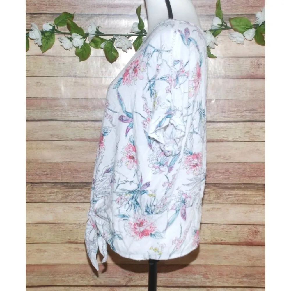 Buffalo David Bitton Ladies White Floral Blouse Size L Tie Up Waist Short Sleeve - Image 5