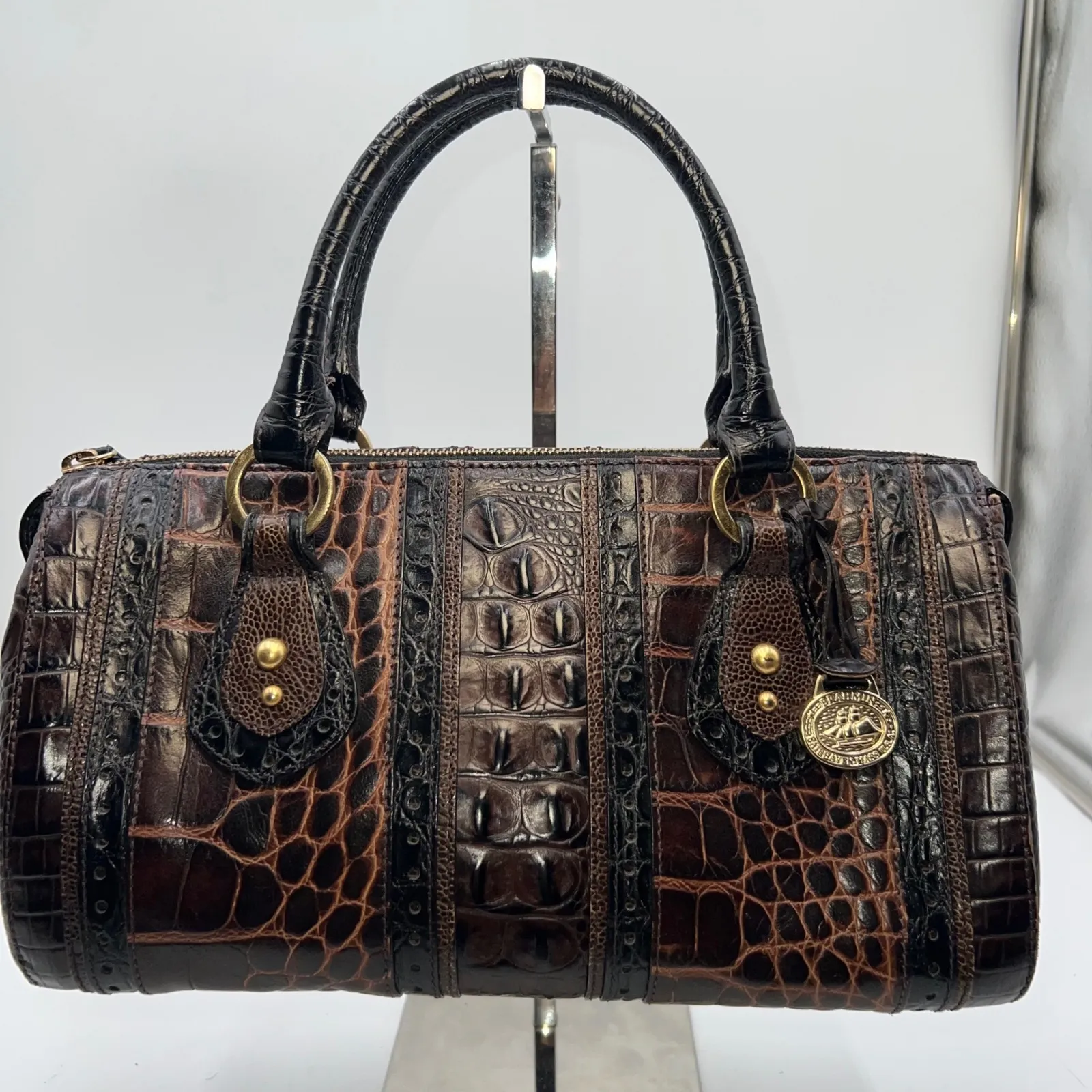Brahmin Croc Embossed Satchel Handbag Brown Black Gold Accents - Image 1